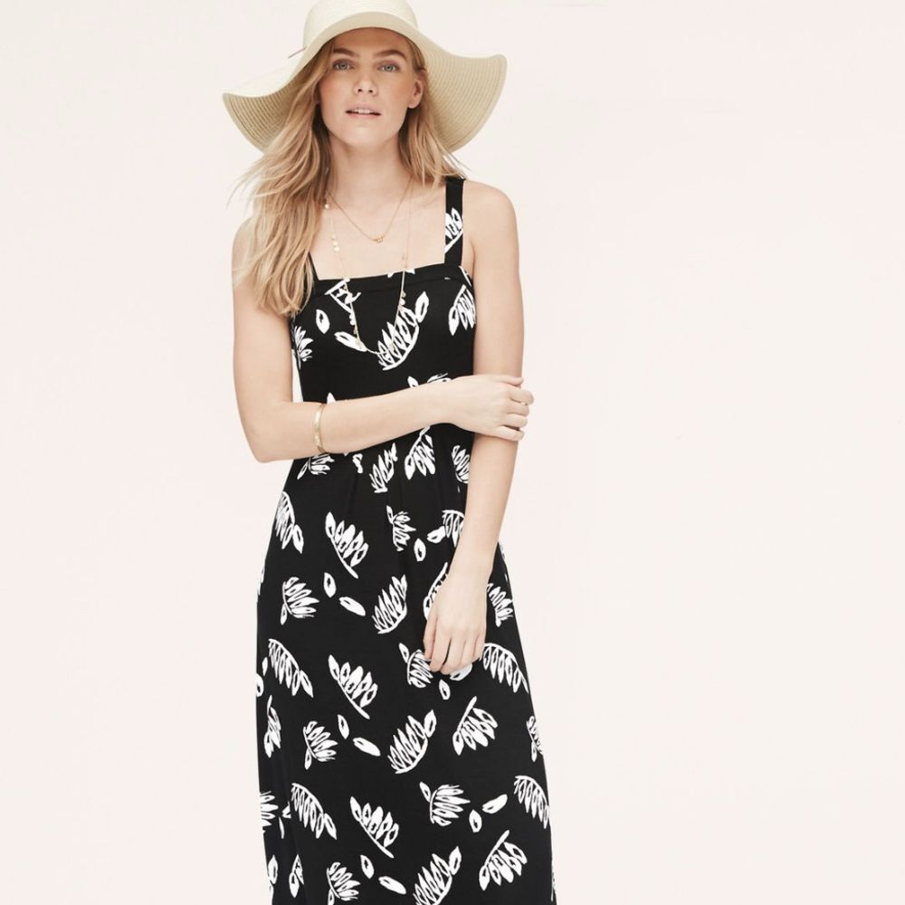 LOFT Black and White Leaf Pattern Dress